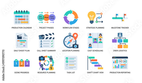 Production planning icons arranged in grid layout on white background
