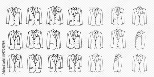 Set of men's suit jackets in various styles and angles, hand-drawn outline illustrations.