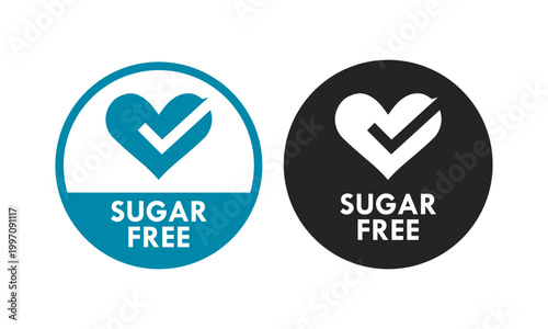 Professional sugar free logo badge featuring a heart and check mark symbol in circular frame. Ideal for healthy food packaging, organic products, and diabetic friendly diet branding.
