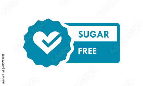Professional sugar free logo badge featuring a heart and check mark symbol in circular frame. Ideal for healthy food packaging, organic products, and diabetic friendly diet branding.