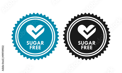 Professional sugar free logo badge featuring a heart and check mark symbol in circular frame. Ideal for healthy food packaging, organic products, and diabetic friendly diet branding.