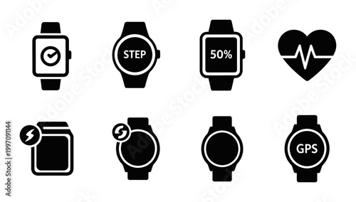 8 Smartwatch icons featuring fitness tracker, heart rate, GPS and step counter, outline solid styles, UI and web interface design