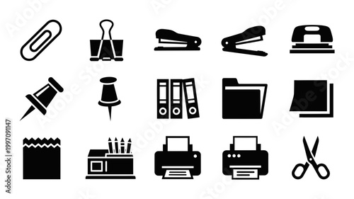 15 Office Stationery icons stapler, printer, folder, scissors, outline solid styles, UI and web interface design