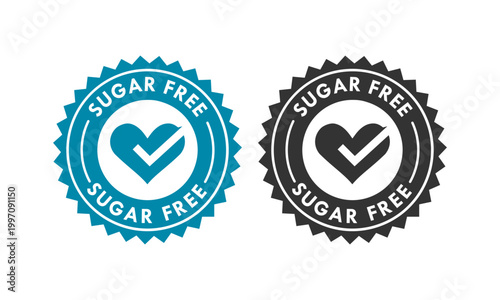 Professional sugar free logo badge featuring a heart and check mark symbol in circular frame. Ideal for healthy food packaging, organic products, and diabetic friendly diet branding.