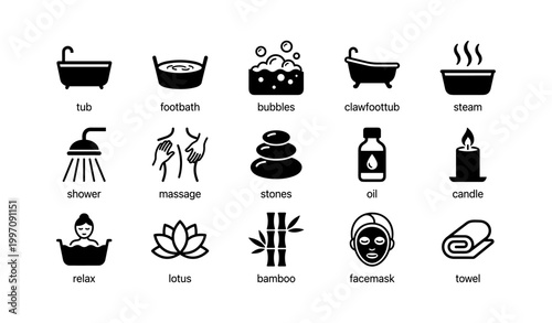 Spa and bath icons showing wellness items on white background