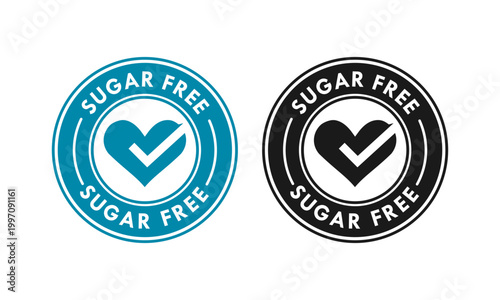 Professional sugar free logo badge featuring a heart and check mark symbol in circular frame. Ideal for healthy food packaging, organic products, and diabetic friendly diet branding.