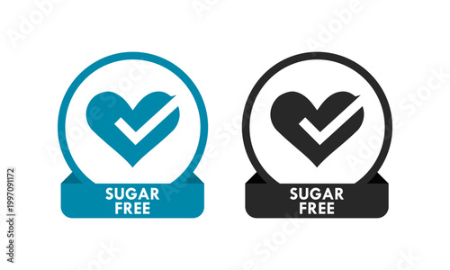 Professional sugar free logo badge featuring a heart and check mark symbol in circular frame. Ideal for healthy food packaging, organic products, and diabetic friendly diet branding.
