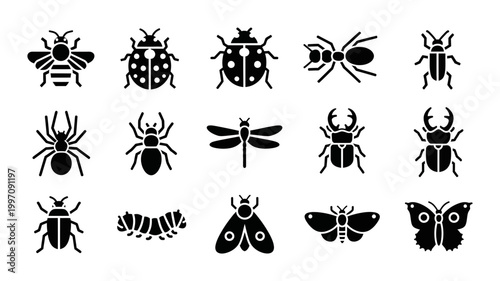 15 Insect icons including bee, ladybug, ant, spider, and butterfly, outline solid styles, UI and web interface design