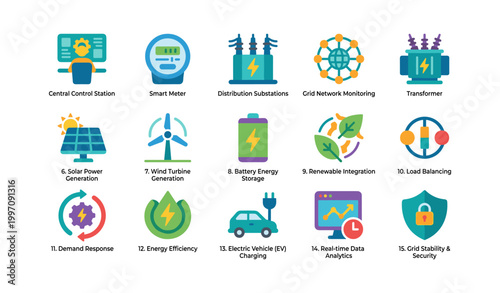 Smart grid and renewable energy icons arranged on white background