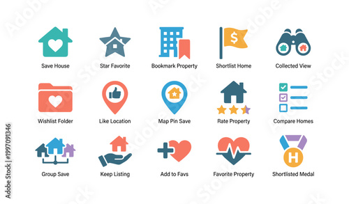 Real estate and property icons set displayed on white background