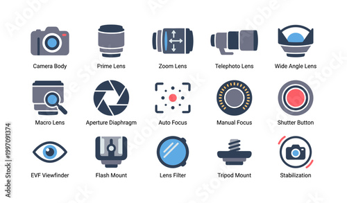 Camera and lens icons showing equipment components and controls