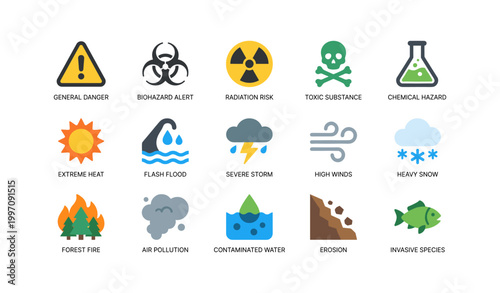Hazard and disaster icons showing risks and weather threats in grid