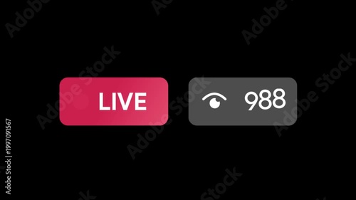Live stream broadcast badge with blinking dot and increasing viewer counter for social media template overlay. Transparent background