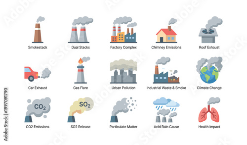 Air pollution icons depicting emission sources on white background