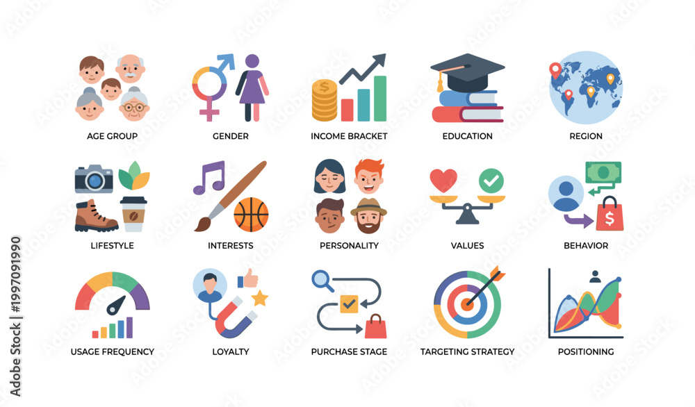 Fototapeta premium Marketing segmentation icons shown as labeled grid on white background