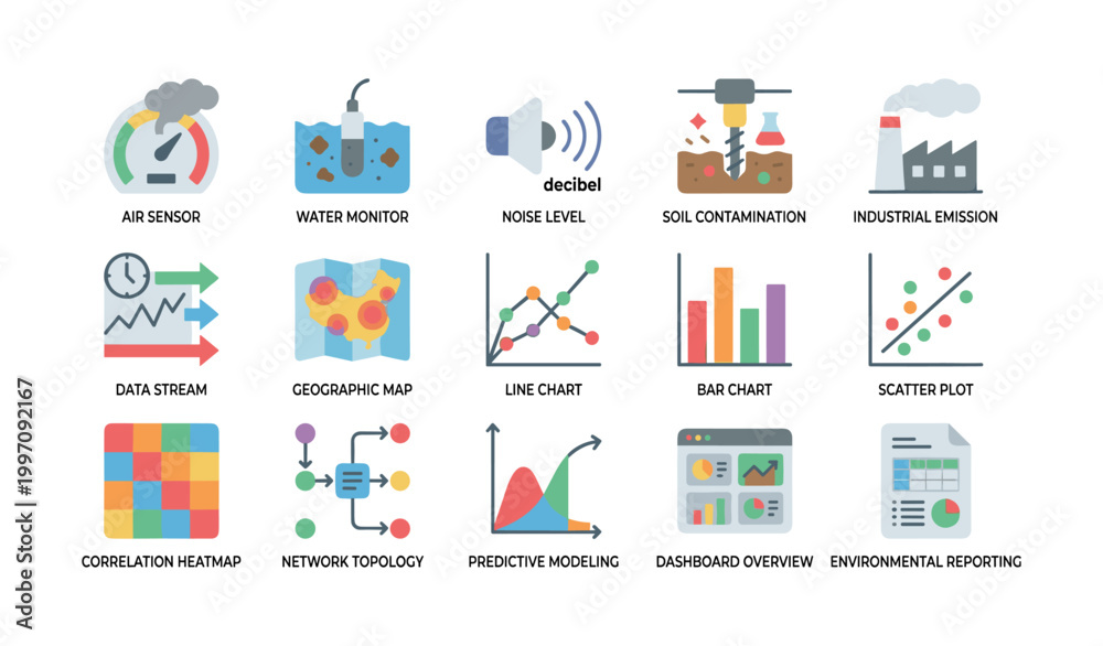 Fototapeta premium Environmental monitoring and data icons arranged in grid on white background