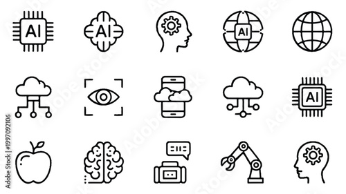 Artificial intelligence technology icons set for business and design