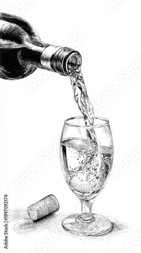 Black and white drawing of liquid pouring into glass