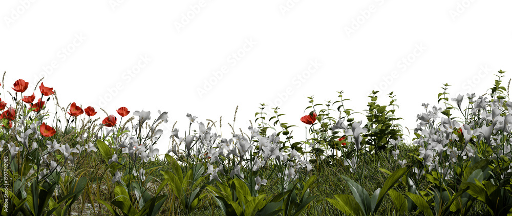 Naklejka premium field displays red and white flowers surrounded by green grass and various plants. flowers stand tall under bright daylight, creating a vibrant outdoor scene. 3d render