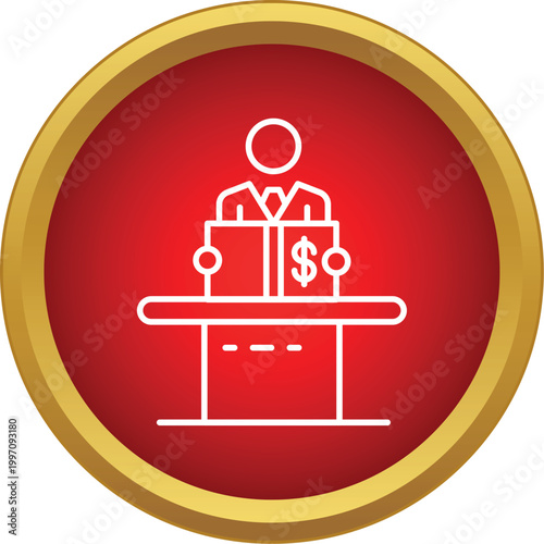 Politician standing behind a podium with a dollar sign on a book, representing corruption