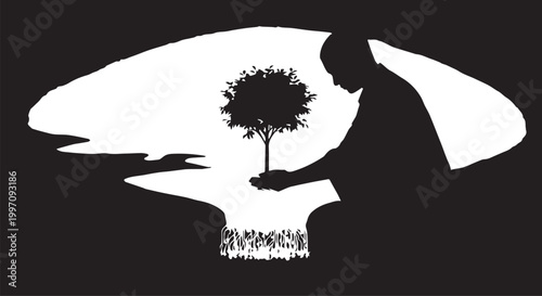 Silhouette of man planting tree cad drawing flat vector illustration symbolizing environmental conservation nature growth sustainability future hope and earth day