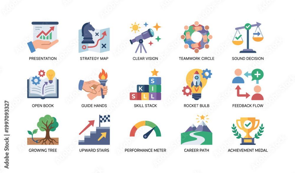 Fototapeta premium Business and career icons shown as labeled grid on white background