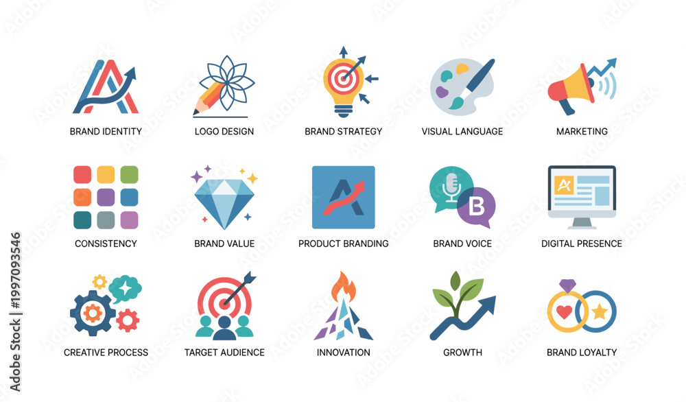 Fototapeta premium Branding and marketing icons arranged in grid on white background