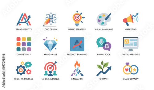 Branding and marketing icons arranged in grid on white background