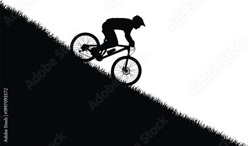 Silhouette illustration of a mountain biker aggressively descending a steep grassy slope on a downhill bicycle, dynamic action graphic