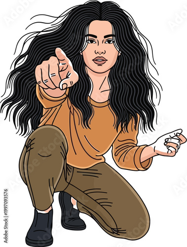 Professional vector illustration of a young woman with long dark wavy hair crouching down and pointing her finger directly at the viewer today