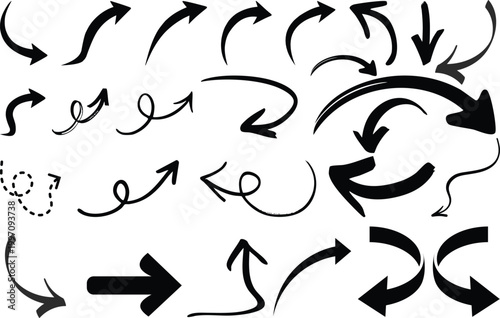 Black vector arrows collection. Arrow. Cursor. Arrow vector icon. Modern simple arrows. Collection different Arrows on flat style for web design UI design .Black arrows set. Curved arrows. 