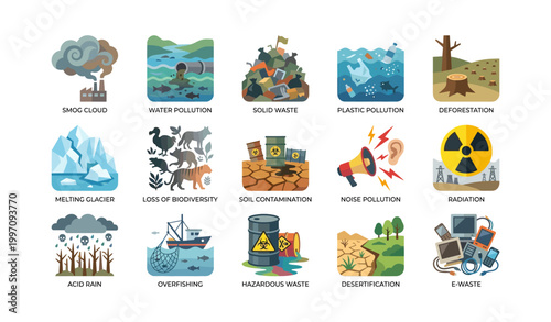 Environmental hazard icons showing pollution types on white background