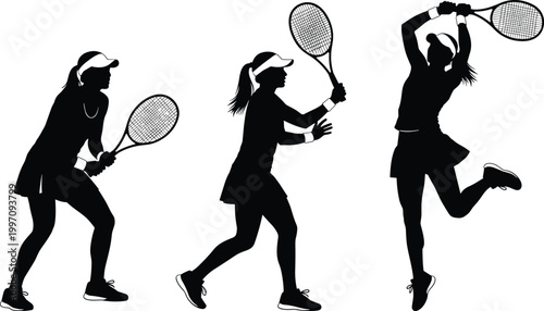Silhouettes of female tennis players in action poses, swinging rackets and serving, professional athlete sport set, isolated black vector illustration.