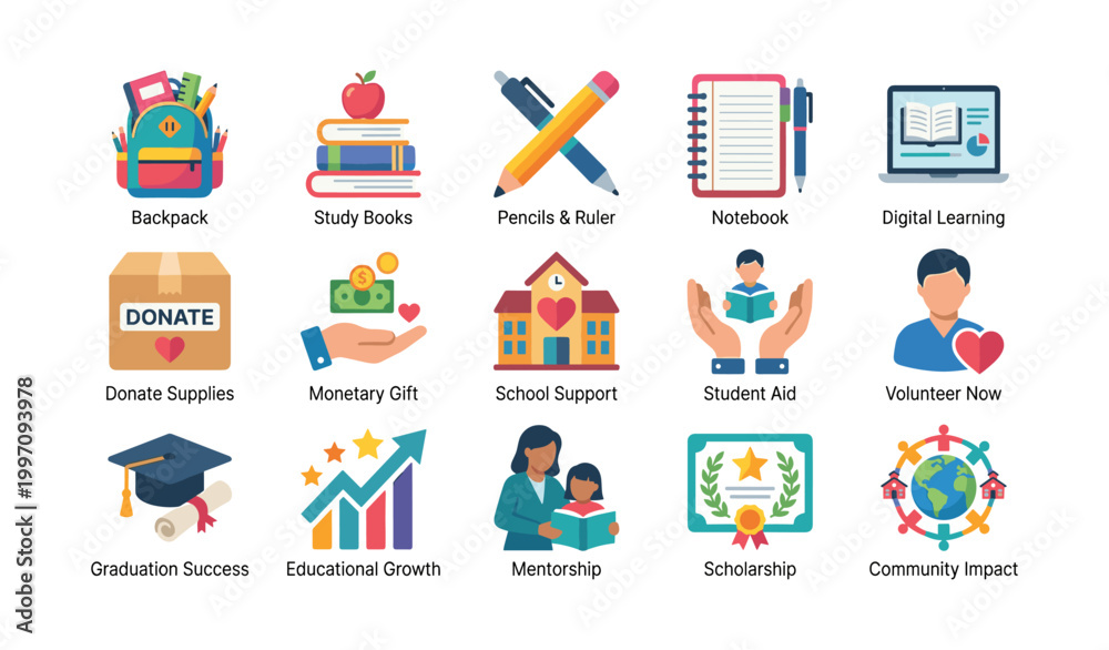 Fototapeta premium Education and charity icons arranged on white grid background