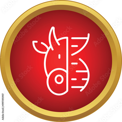 Stylized cow head combining biological and genetic elements in a red circle