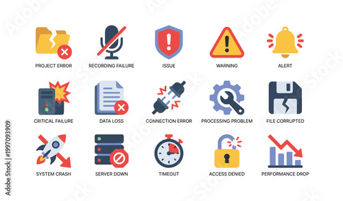 System error and warning icons arranged on white grid