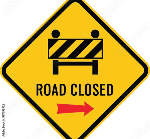 Yellow diamond road closed sign vector illustration graphic with a bold red arrow pointing right to indicate detour information