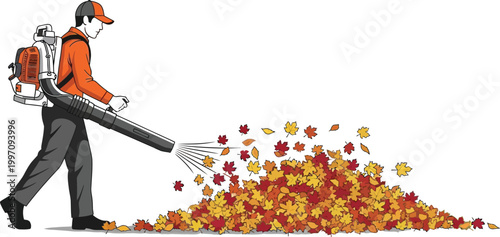 This vector illustration graphic design shows a man with a backpack blower in an orange shirt gathering leaves in a pile during autumn cleanup.