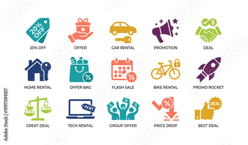 Promotions and rental icons arranged in grid on white background