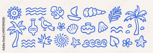 Summer coastal boho icon set. Hand drawn palm tree, sun and sea, wave, tropical leaves, flower, seashells, bird in naive doodle sketch. Vacation beach print, ocean travel. Vector illustration.