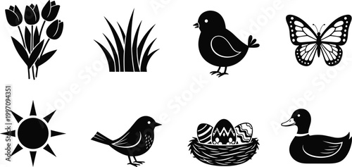 Spring season nature silhouette icons set with tulip flowers, grass, chick, butterfly, sun, songbird, bird nest with eggs, and duck, black vector illustration.