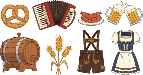 Fényképezés Oktoberfest Vector Set Featuring Pretzels, Beer Mugs, Sausages, Lederhosen, Dirn