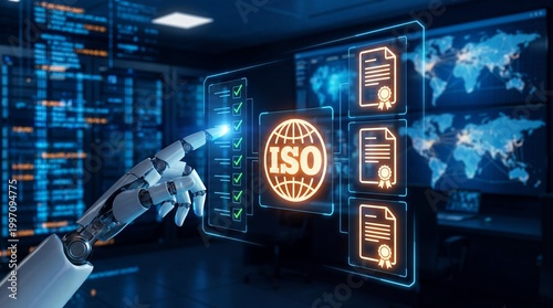 Quality manager verifying iso compliance with digital audit checklist in server room