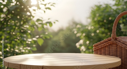 Empty wooden tabletop for product mockup with blurred summer park background