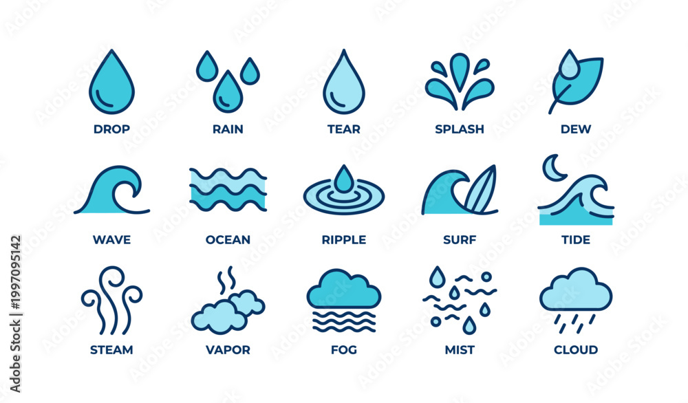 Fototapeta premium Water and weather icons displayed in grid on white background