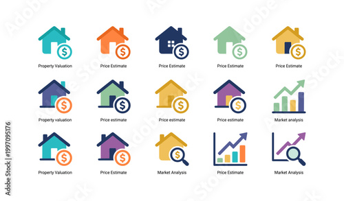 House icons showing price estimates and market analysis on white
