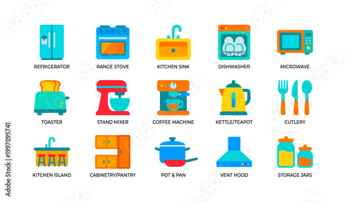 Kitchen appliance and cookware icons displayed in colorful grid