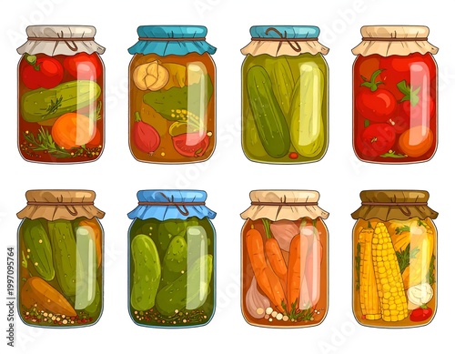 Colorful illustration of eight glass jars filled with preserved vegetables, sealed with lids. The contents vary from tomatoes and cucumbers to carrots