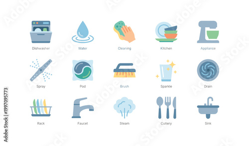Dishwasher and kitchen cleaning icons on white background grid