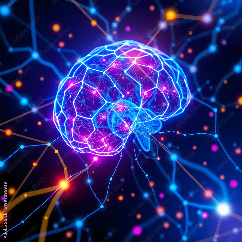 Obraz premium Cervello digitale luminoso in una rete neurale astratta, concetto di intelligenza artificiale e machine learning, rendering 3D 